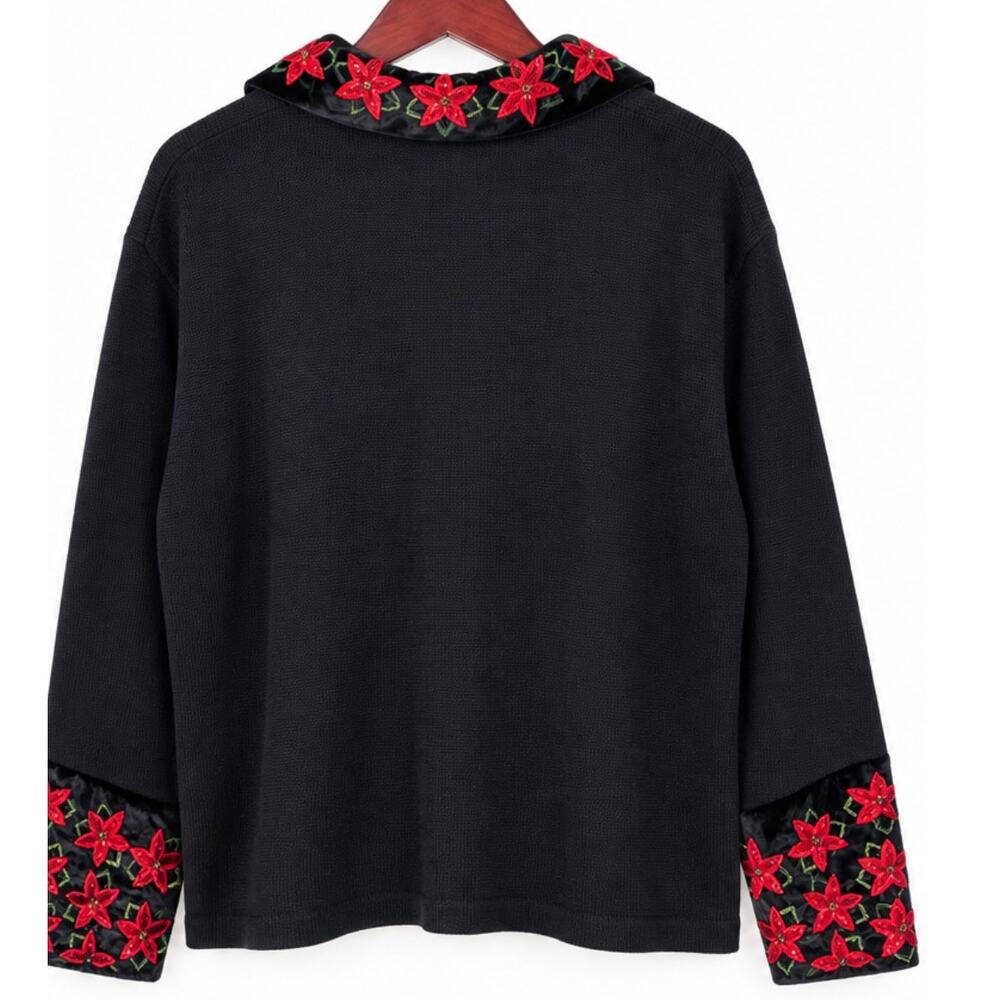 Tiara International Christmas Cardigan XL Poinsettia Embroidered Velvet Y2K 2004 - Picture 3 of 9